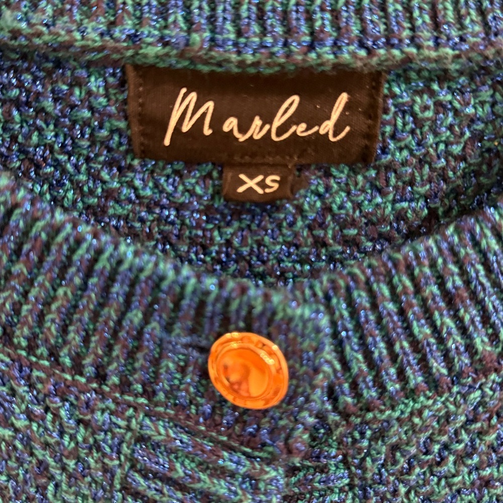 Marled Blue and Green Shiny Textured Knit Sweater Cardigan with Gold Accents - Picture 3 of 5